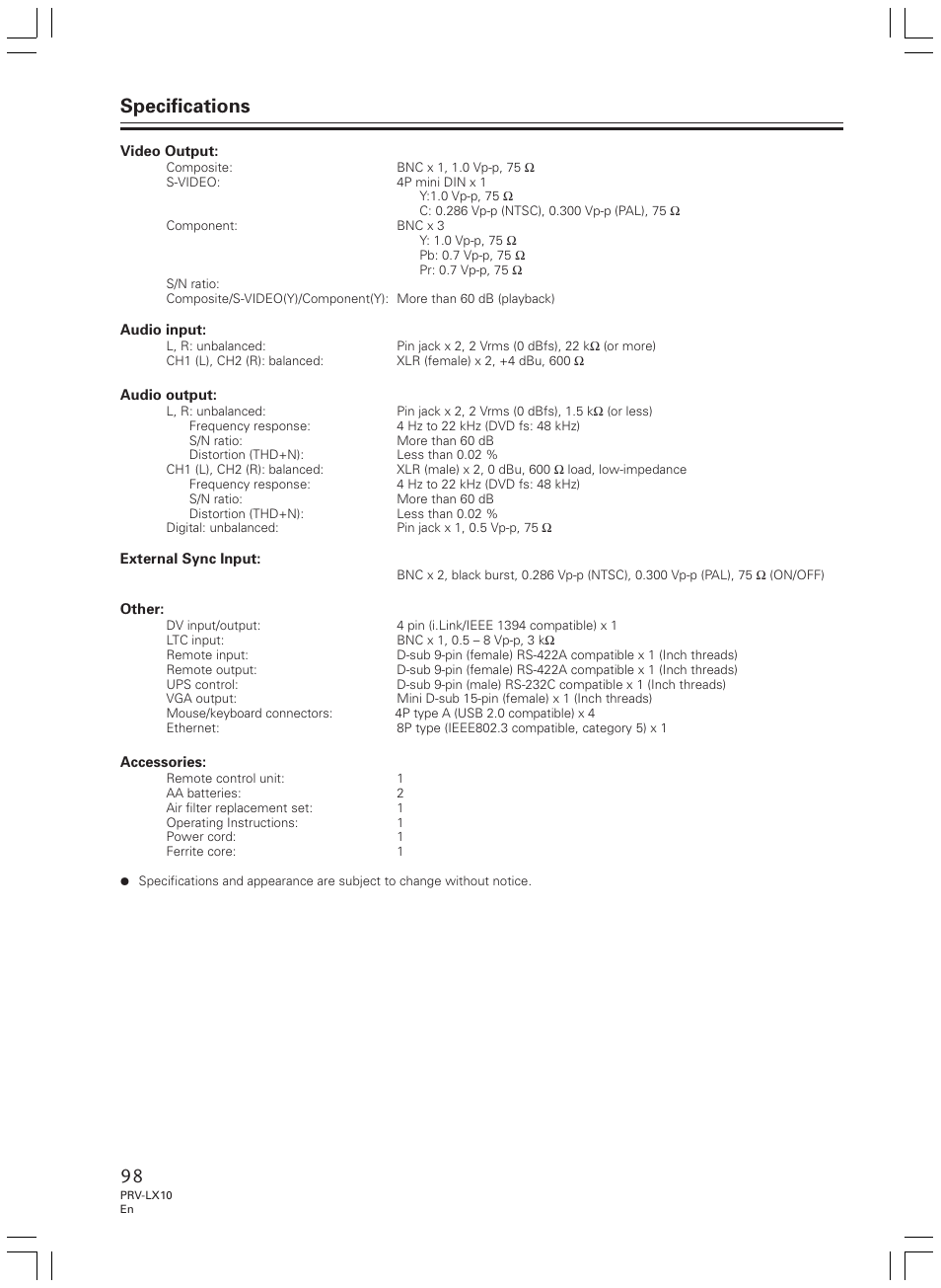 Specifications | Pioneer PRV-LX10 User Manual | Page 98 / 104