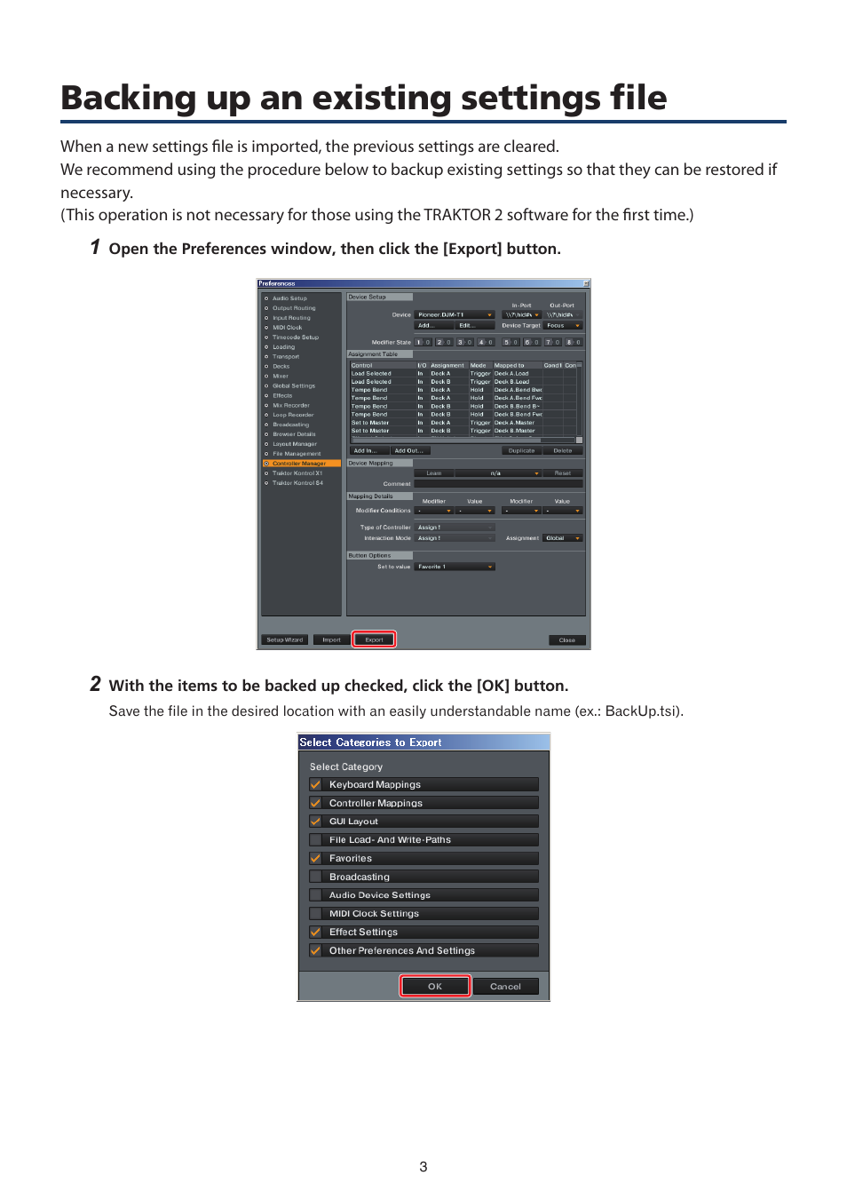 Backing up an existing settings file | Pioneer TRAKTOR 2 DJM-T1 User Manual | Page 3 / 18