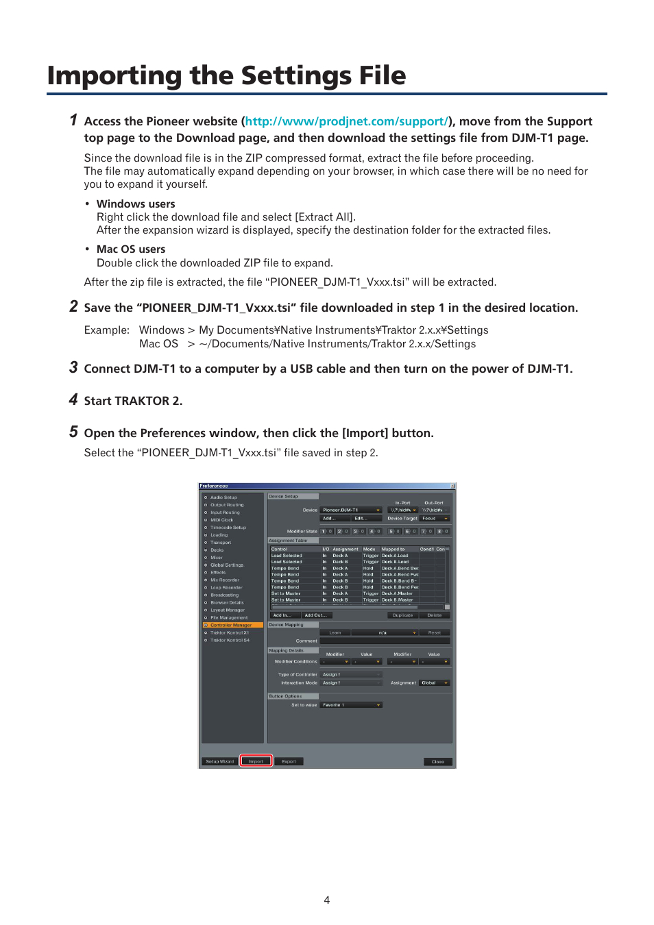 Importing the settings file | Pioneer TRAKTOR 2 DJM-T1 User Manual | Page 4 / 18