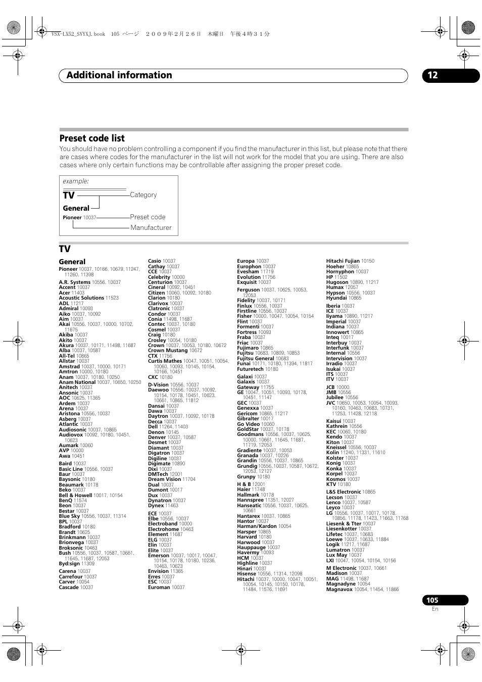 Preset code list, Additional information 12 | Pioneer VSX-LX52 User Manual | Page 105 / 116