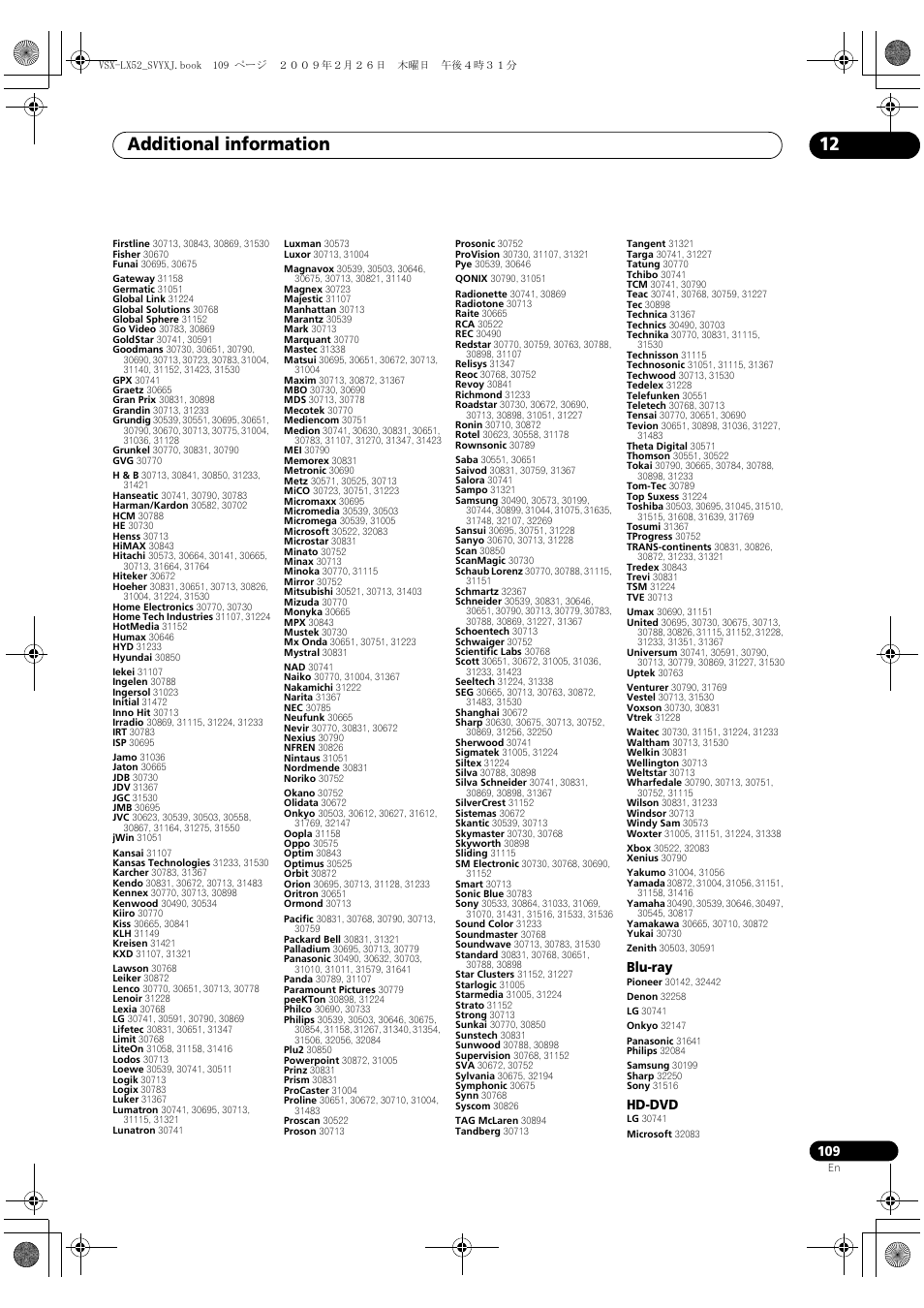 Additional information 12, Blu-ray, Hd-dvd | Pioneer VSX-LX52 User Manual | Page 109 / 116