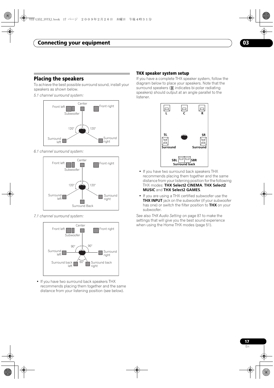 Placing the speakers, Thx speaker system setup, Connecting your equipment 03 | Pioneer VSX-LX52 User Manual | Page 17 / 116