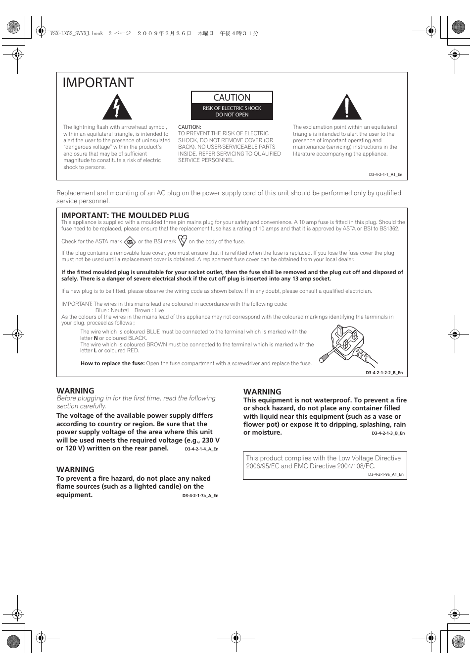 Important, Caution, Important: the moulded plug | Warning | Pioneer VSX-LX52 User Manual | Page 2 / 116