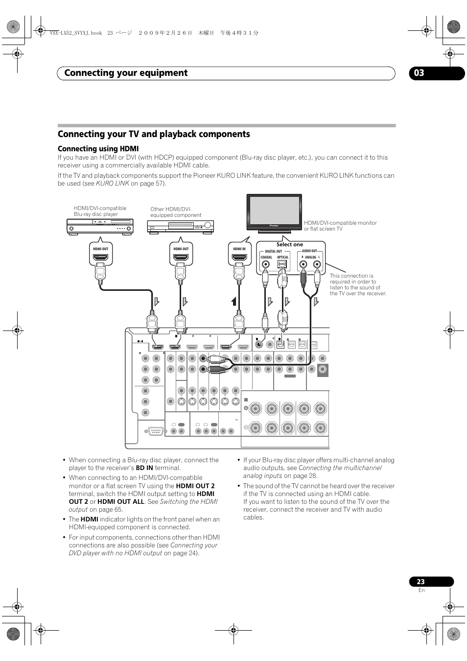 Connecting your tv and playback components, Connecting using hdmi, Connecting your equipment 03 | Pioneer VSX-LX52 User Manual | Page 23 / 116