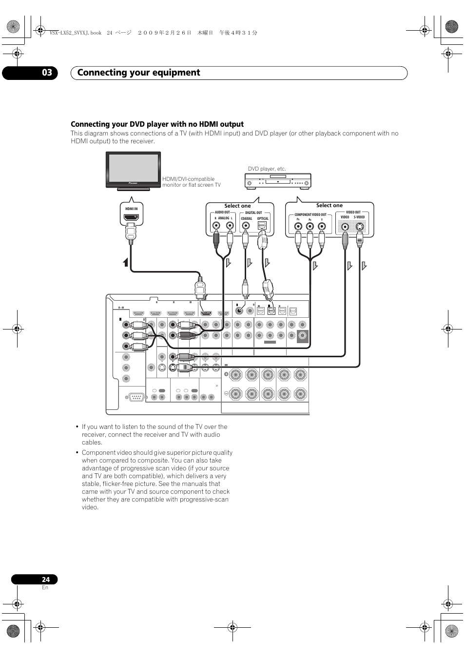 Connecting your dvd player with no hdmi output, Connecting your equipment 03 | Pioneer VSX-LX52 User Manual | Page 24 / 116
