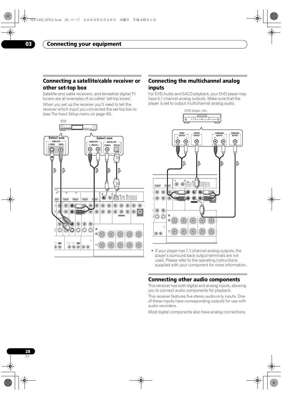 Connecting your equipment 03, Connecting the multichannel analog inputs, Connecting other audio components | Stb select one select one | Pioneer VSX-LX52 User Manual | Page 28 / 116