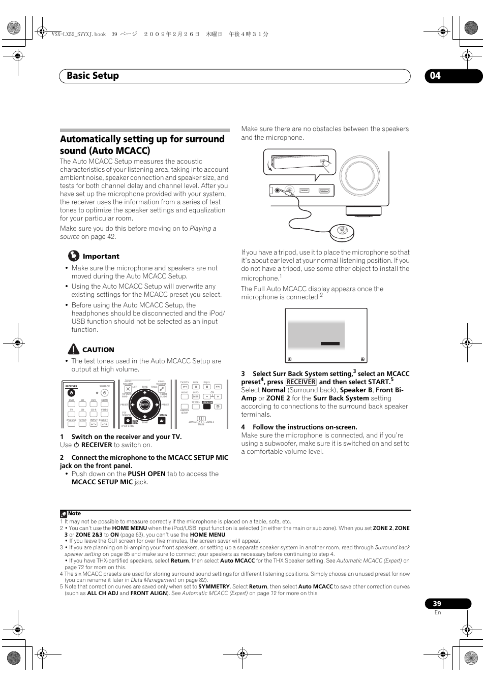 Basic setup 04, 3select surr back system setting, Select an mcacc preset | Press and then select start, Receiver | Pioneer VSX-LX52 User Manual | Page 39 / 116