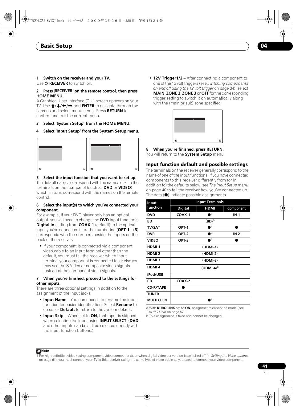 Input function default and possible settings, Basic setup 04 | Pioneer VSX-LX52 User Manual | Page 41 / 116