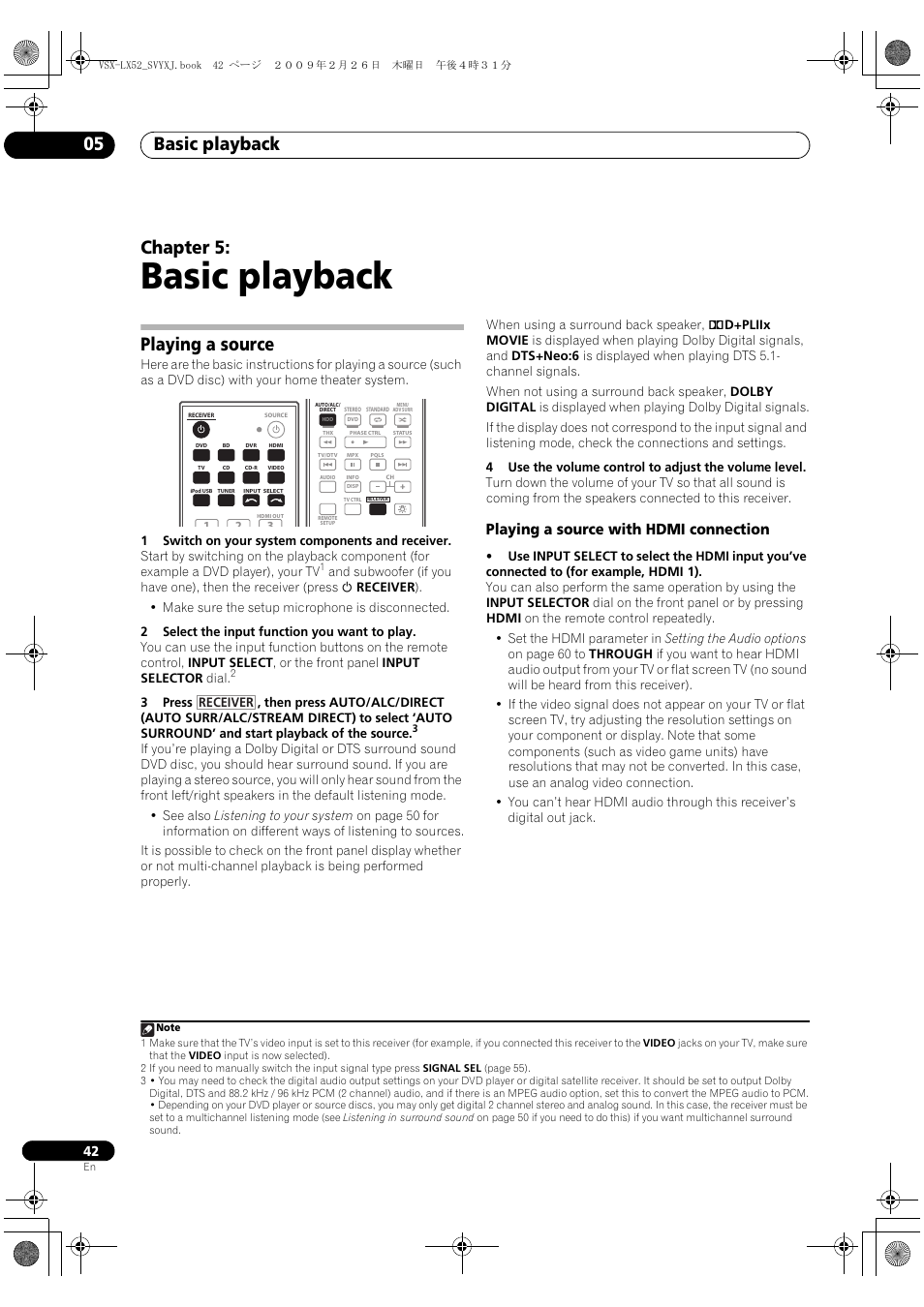 Playing a source, Playing a source with hdmi connection, Basic playback | Basic playback 05, Chapter 5 | Pioneer VSX-LX52 User Manual | Page 42 / 116