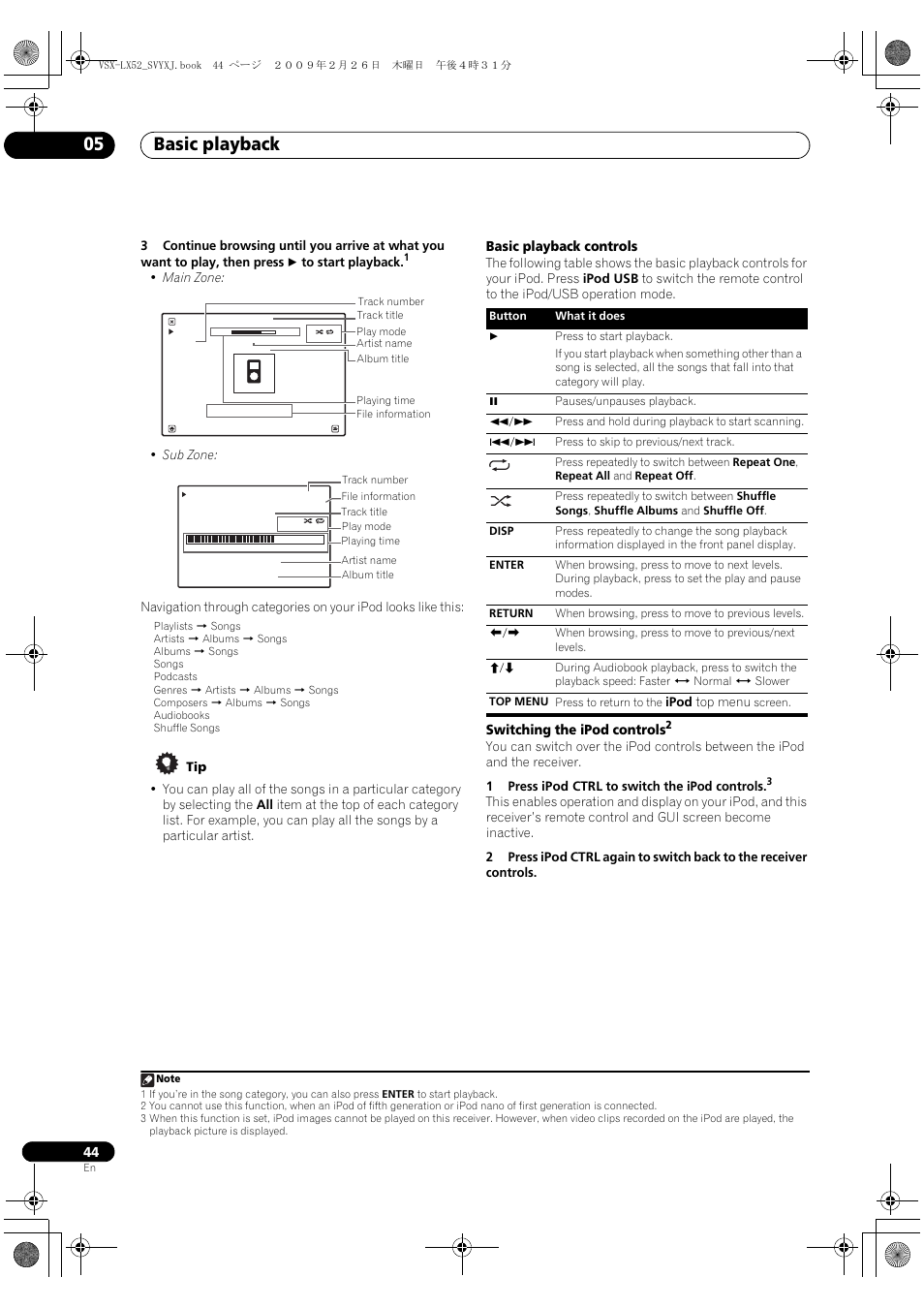 Basic playback 05, Basic playback controls, Switching the ipod controls | Pioneer VSX-LX52 User Manual | Page 44 / 116