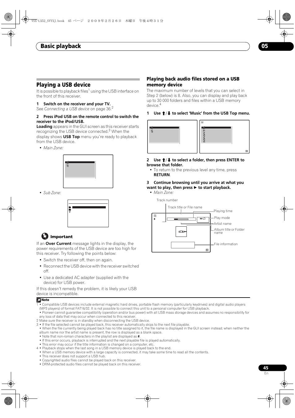 Playing a usb device, Basic playback 05, It is possible to playback files | 1use / to select ‘music’ from the usb top menu | Pioneer VSX-LX52 User Manual | Page 45 / 116