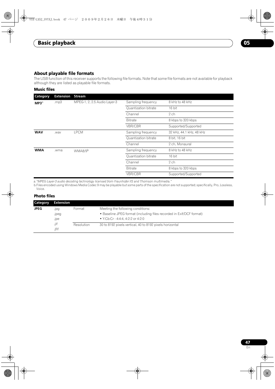 About playable file formats, Basic playback 05 | Pioneer VSX-LX52 User Manual | Page 47 / 116