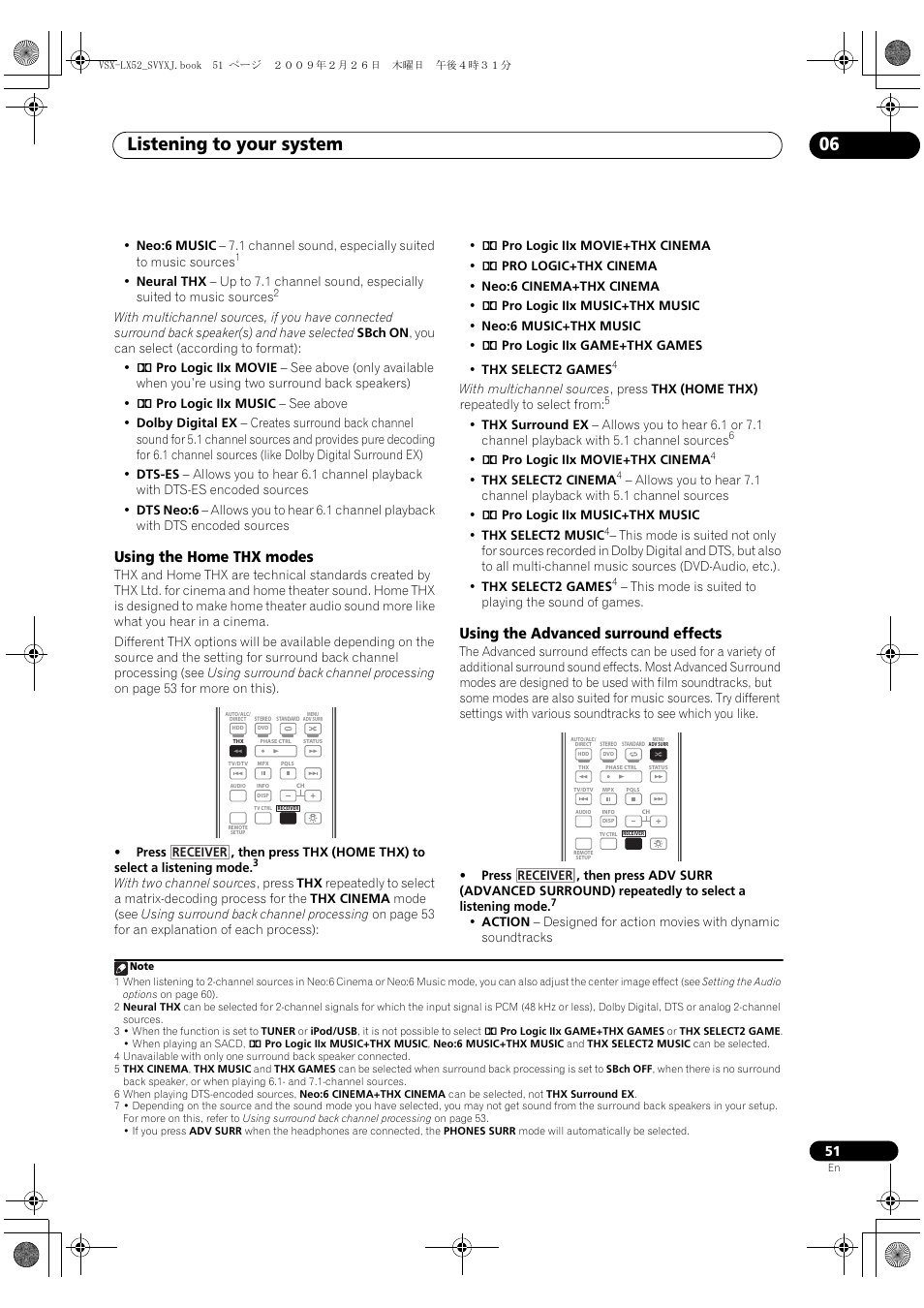 Listening to your system 06, Using the home thx modes, Using the advanced surround effects | Pioneer VSX-LX52 User Manual | Page 51 / 116