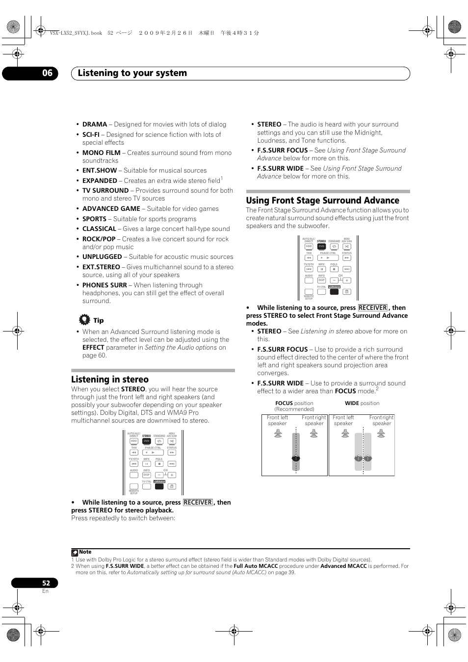 Listening to your system 06, Listening in stereo, Using front stage surround advance | Pioneer VSX-LX52 User Manual | Page 52 / 116