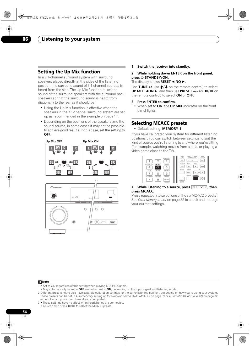 Listening to your system 06, Setting the up mix function, Selecting mcacc presets | Receiver | Pioneer VSX-LX52 User Manual | Page 54 / 116