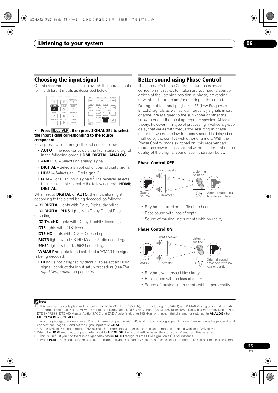 Listening to your system 06, Choosing the input signal, Better sound using phase control | Pioneer VSX-LX52 User Manual | Page 55 / 116