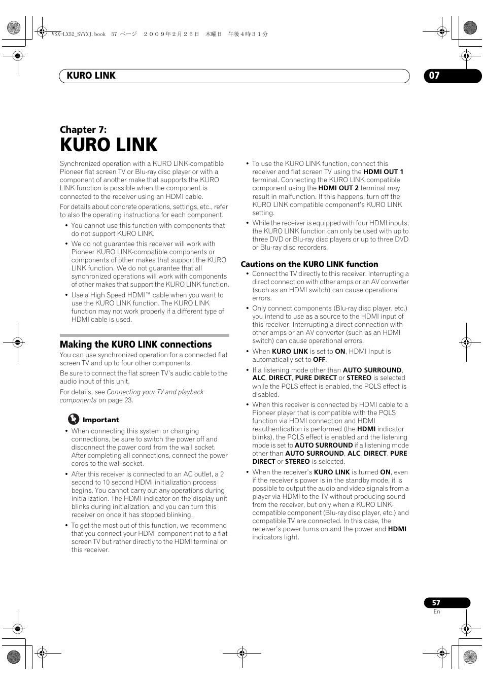 Making the kuro link connections, Cautions on the kuro link function, Kuro link | Kuro link 07, Chapter 7 | Pioneer VSX-LX52 User Manual | Page 57 / 116