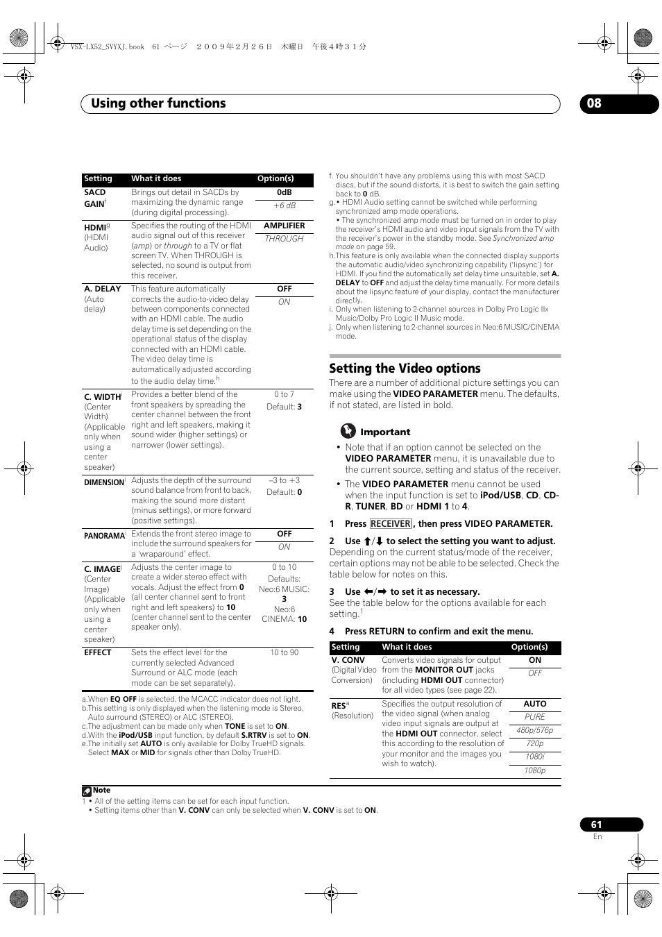 Setting the video options, Using other functions 08 | Pioneer VSX-LX52 User Manual | Page 61 / 116