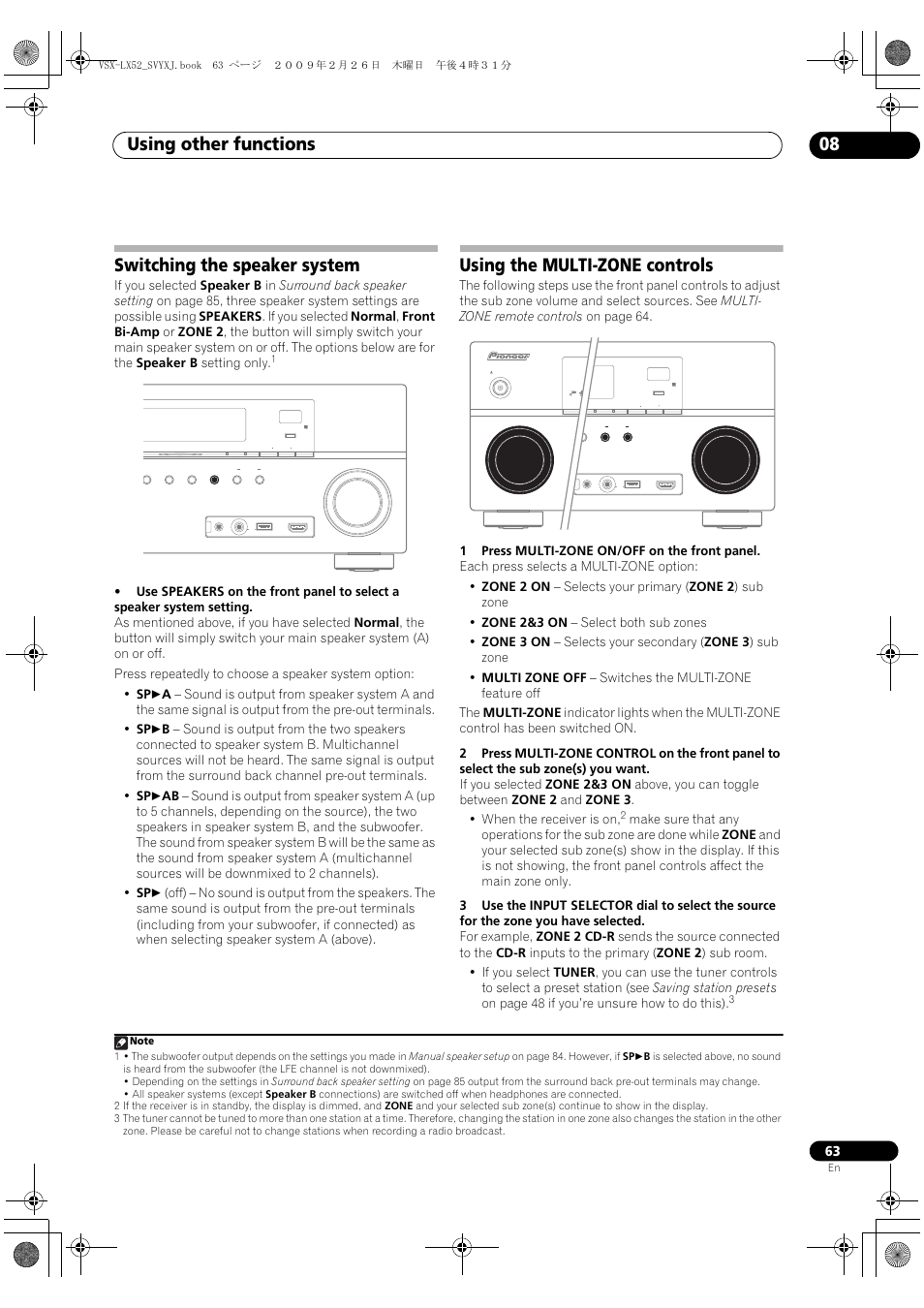 Using other functions 08, Switching the speaker system, Using the multi-zone controls | Pioneer VSX-LX52 User Manual | Page 63 / 116