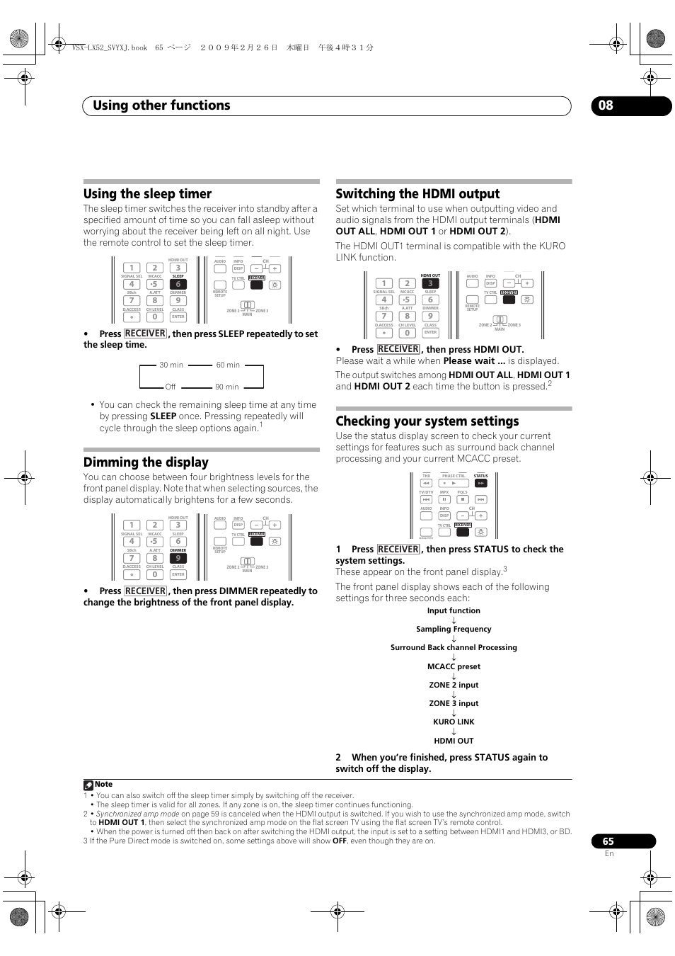 Using other functions 08, Using the sleep timer, Dimming the display | Switching the hdmi output, Checking your system settings, Receiver | Pioneer VSX-LX52 User Manual | Page 65 / 116