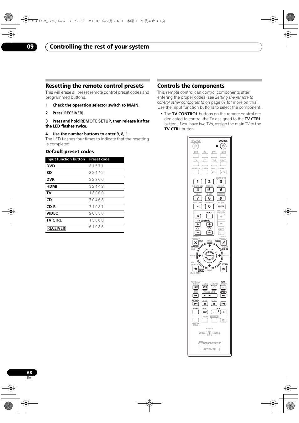 Resetting the remote control presets, Default preset codes, Controls the components | Controlling the rest of your system 09, Receiver | Pioneer VSX-LX52 User Manual | Page 68 / 116