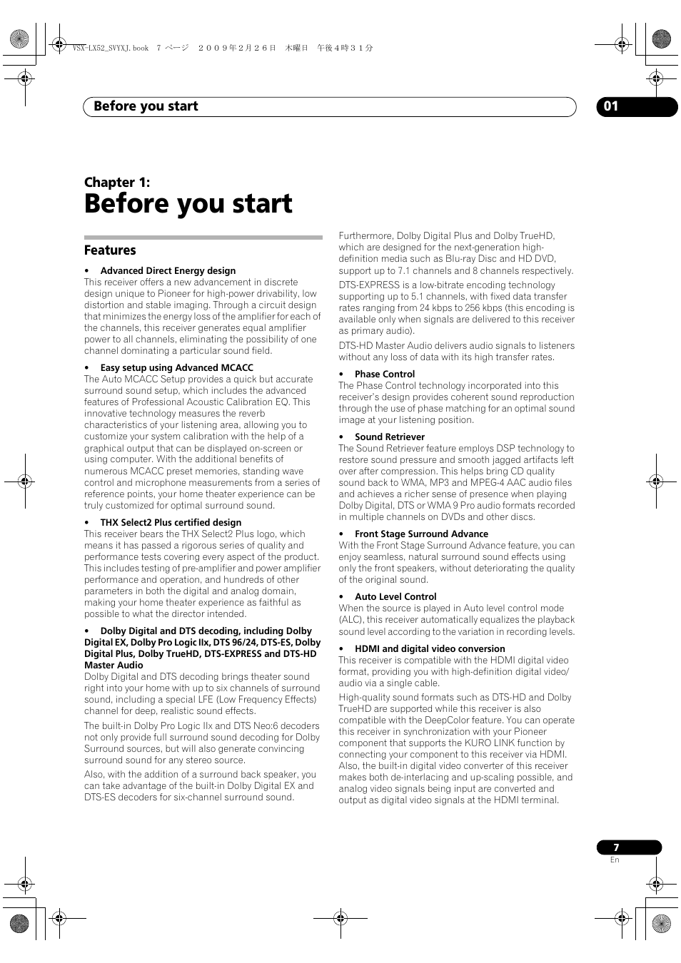 Features, Before you start, Before you start 01 | Chapter 1 | Pioneer VSX-LX52 User Manual | Page 7 / 116