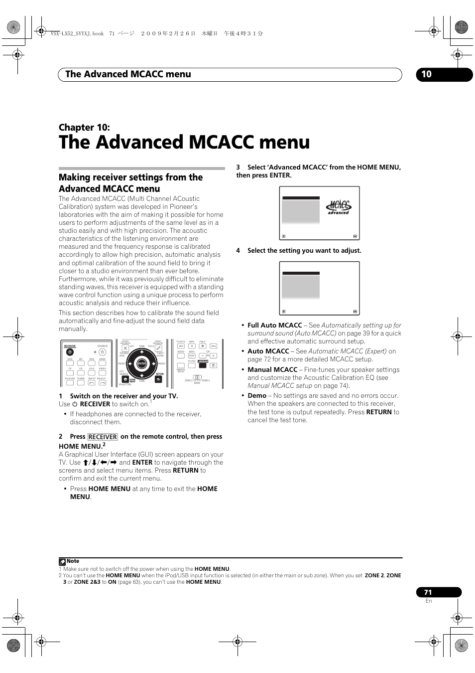 The advanced mcacc menu, The advanced mcacc menu 10, Chapter 10 | Receiver | Pioneer VSX-LX52 User Manual | Page 71 / 116