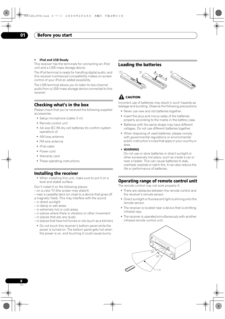 Before you start 01, Checking what’s in the box, Installing the receiver | Loading the batteries, Operating range of remote control unit | Pioneer VSX-LX52 User Manual | Page 8 / 116