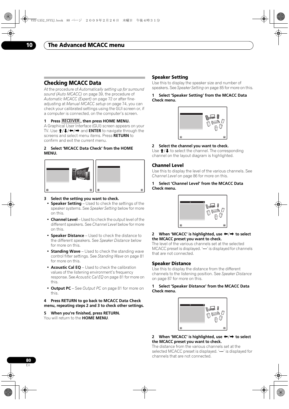 Checking mcacc data, Speaker setting channel level speaker distance, The advanced mcacc menu 10 | Speaker setting, Channel level, Speaker distance | Pioneer VSX-LX52 User Manual | Page 80 / 116