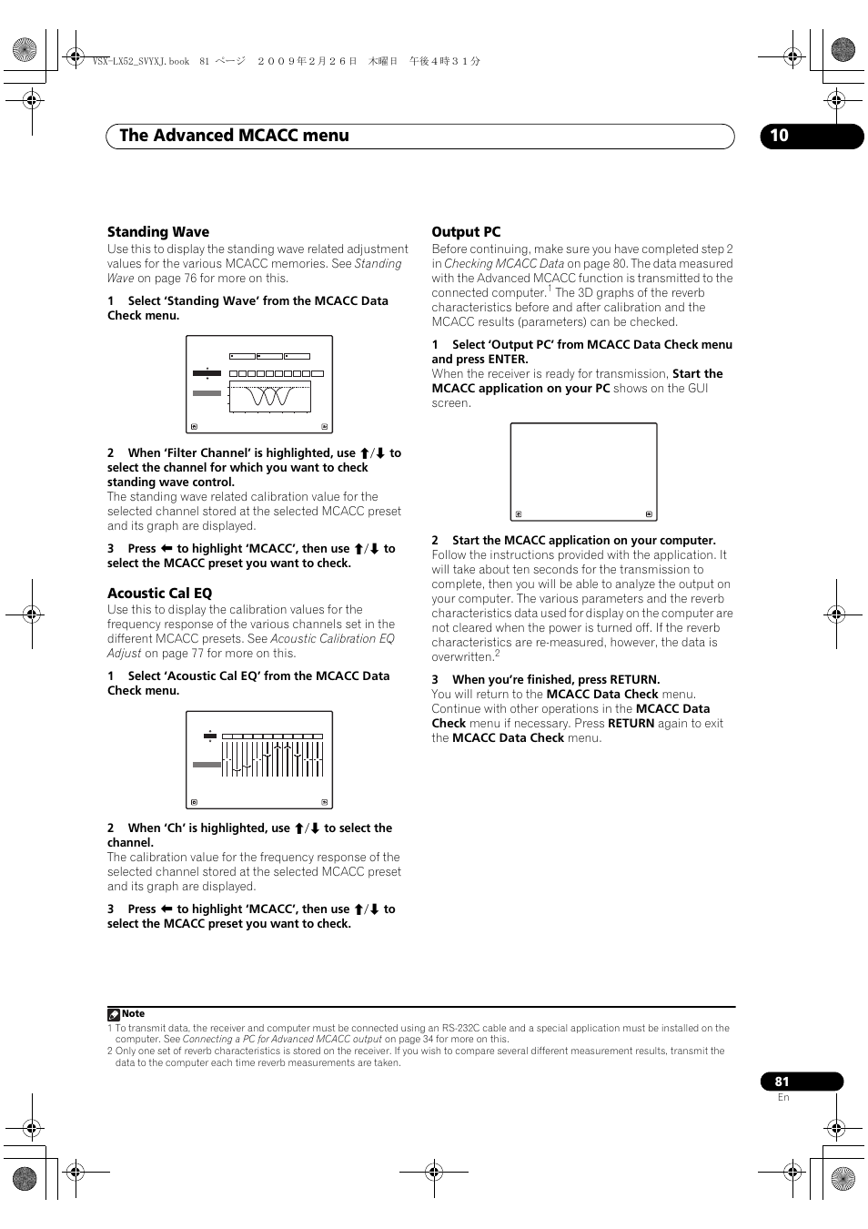 Standing wave acoustic cal eq output pc, The advanced mcacc menu 10, Standing wave | Acoustic cal eq, Output pc, Vsx-lx52_svyxj.book 81 ページ ２００９年２月２６日 木曜日 午後４時３１分 | Pioneer VSX-LX52 User Manual | Page 81 / 116