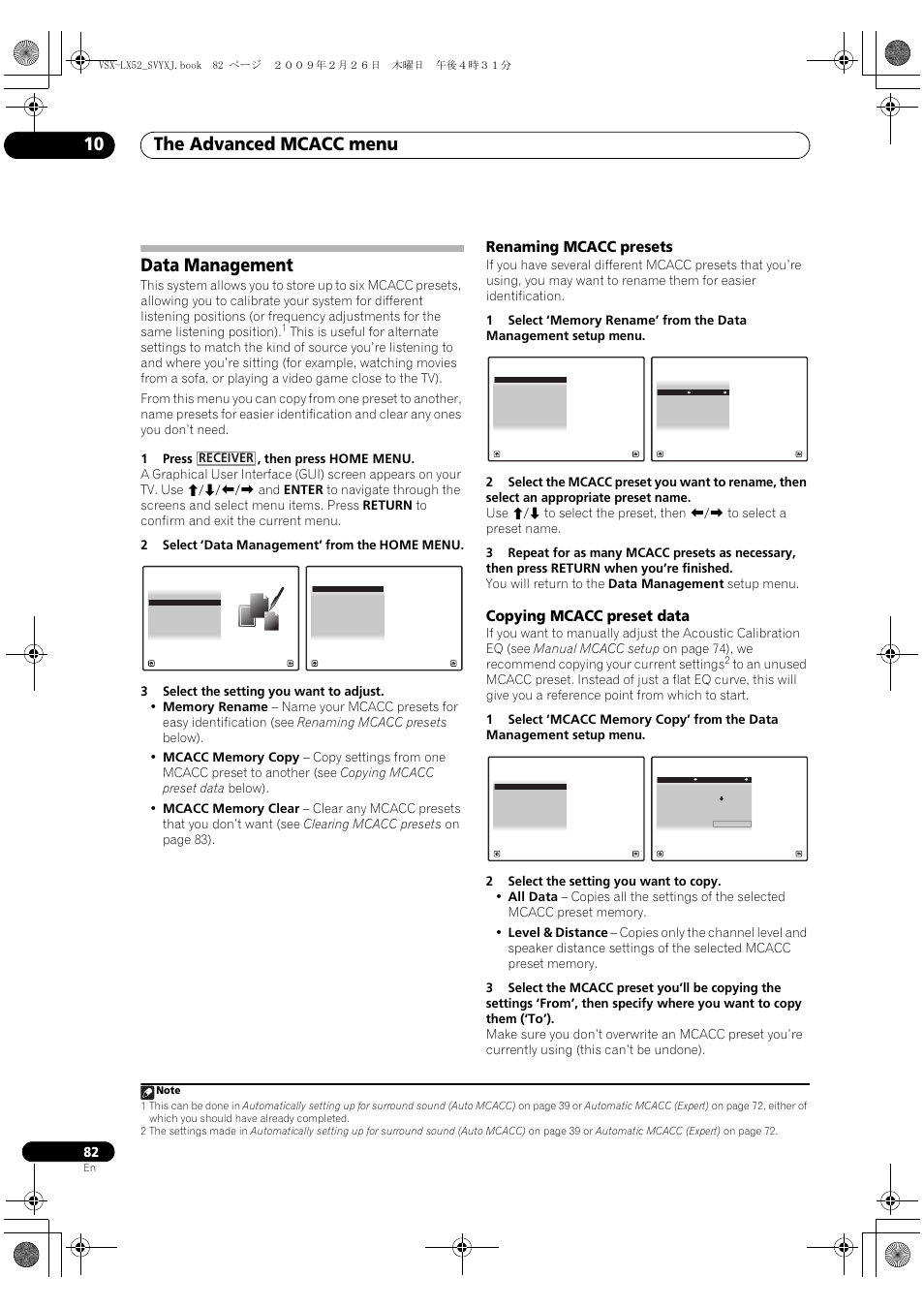 Data management, Renaming mcacc presets copying mcacc preset data, The advanced mcacc menu 10 | Renaming mcacc presets, Copying mcacc preset data, Receiver | Pioneer VSX-LX52 User Manual | Page 82 / 116