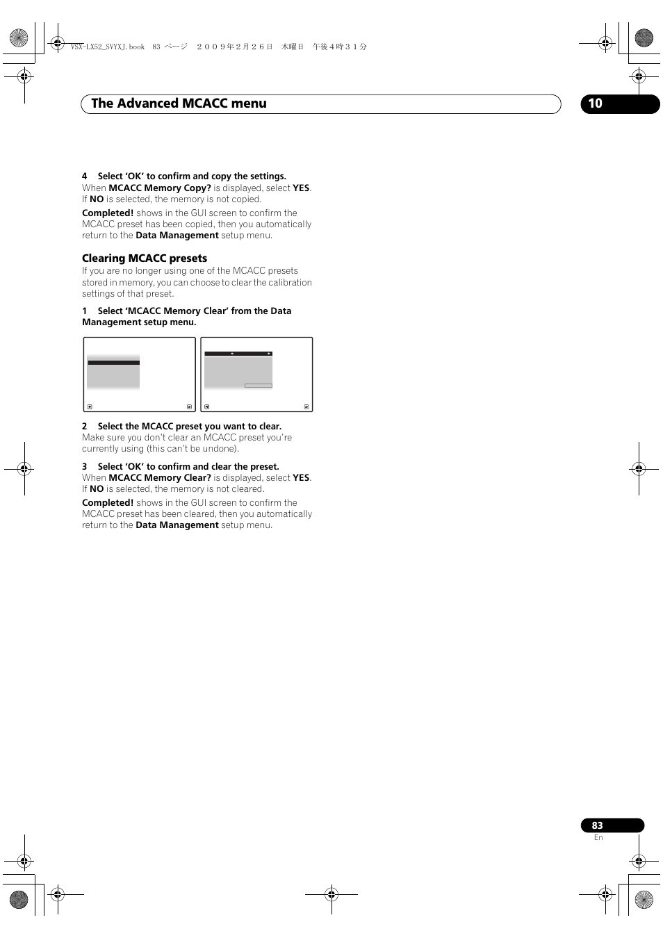 Clearing mcacc presets, The advanced mcacc menu 10 | Pioneer VSX-LX52 User Manual | Page 83 / 116