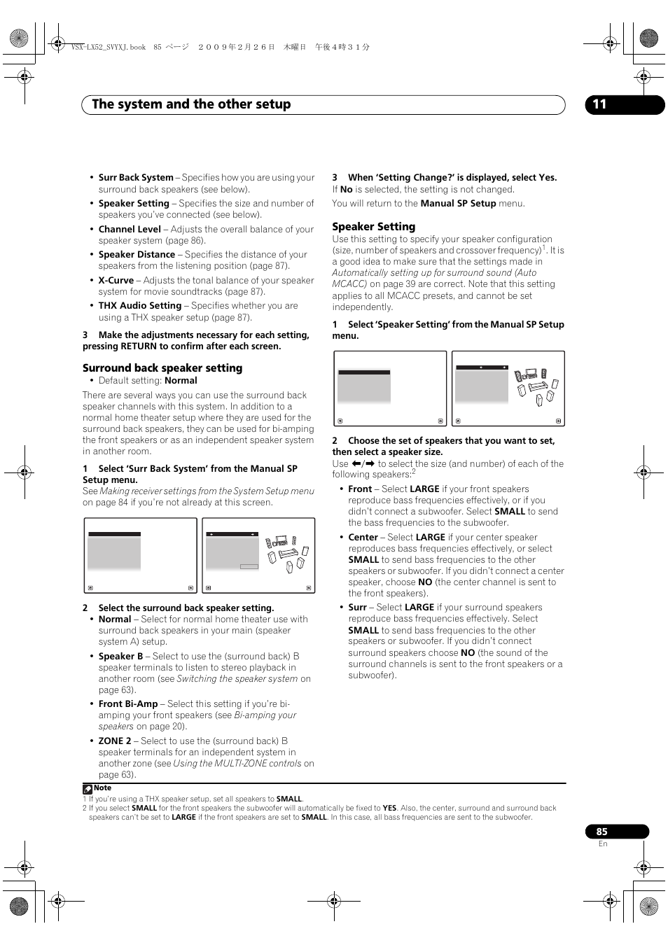 Surround back speaker setting speaker setting, The system and the other setup 11, Surround back speaker setting | Speaker setting | Pioneer VSX-LX52 User Manual | Page 85 / 116