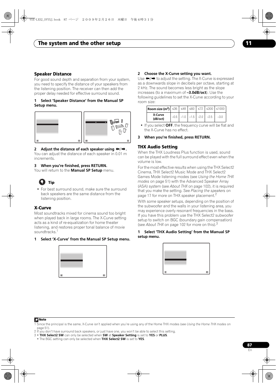 Speaker distance x-curve thx audio setting, The system and the other setup 11, Speaker distance | X-curve, Thx audio setting | Pioneer VSX-LX52 User Manual | Page 87 / 116