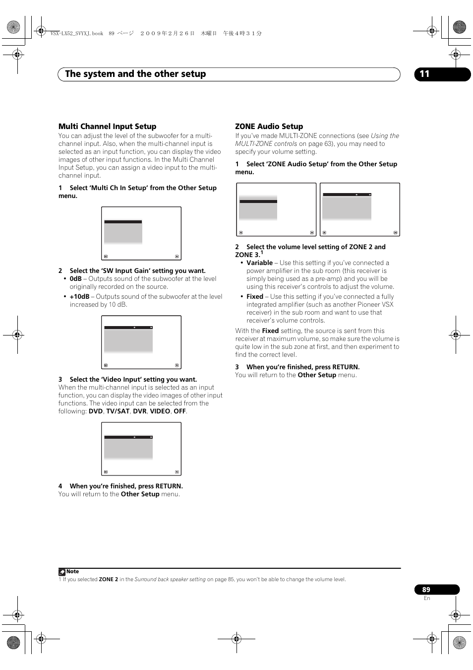 Multi channel input setup zone audio setup, The system and the other setup 11, Multi channel input setup | Zone audio setup | Pioneer VSX-LX52 User Manual | Page 89 / 116