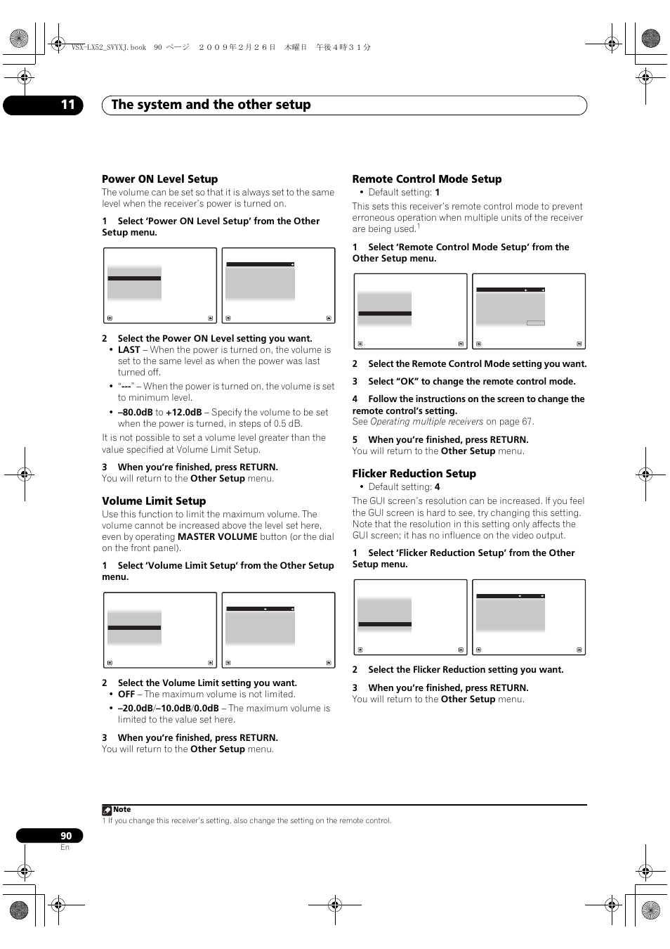 The system and the other setup 11, Power on level setup, Volume limit setup | Remote control mode setup, Flicker reduction setup | Pioneer VSX-LX52 User Manual | Page 90 / 116