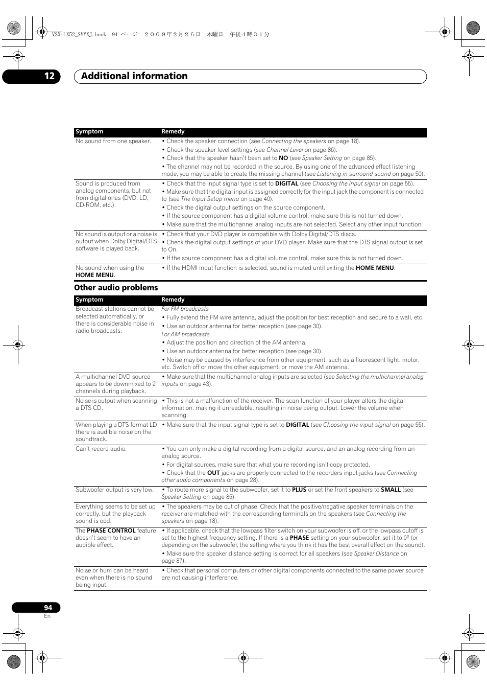 Other audio problems, Additional information 12 | Pioneer VSX-LX52 User Manual | Page 94 / 116