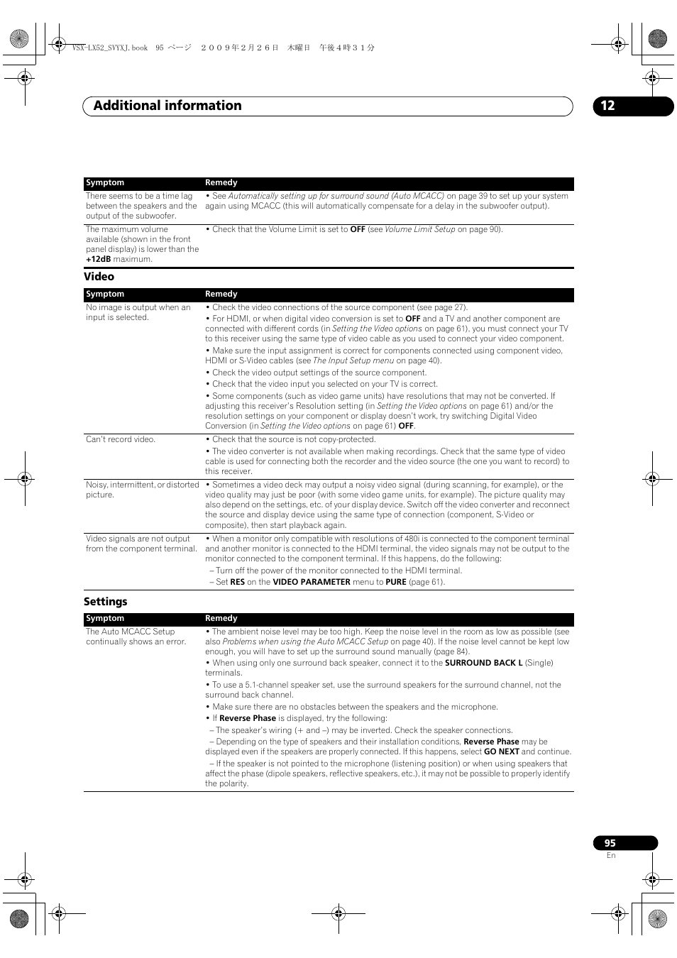 Video settings, Additional information 12 | Pioneer VSX-LX52 User Manual | Page 95 / 116