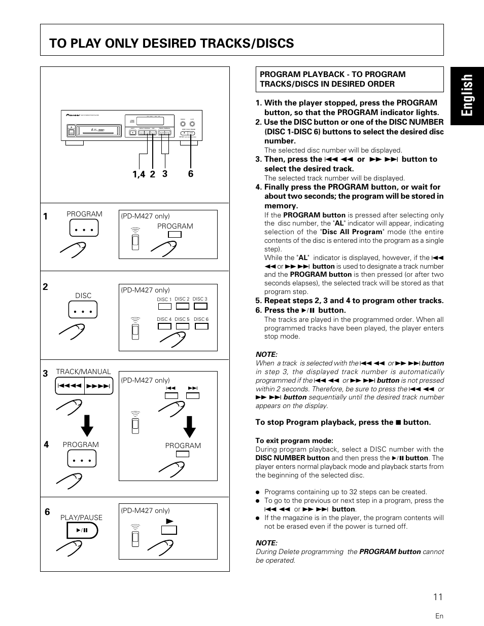 To play only desired tracks/discs, English | Pioneer PD-M427 User Manual | Page 11 / 40