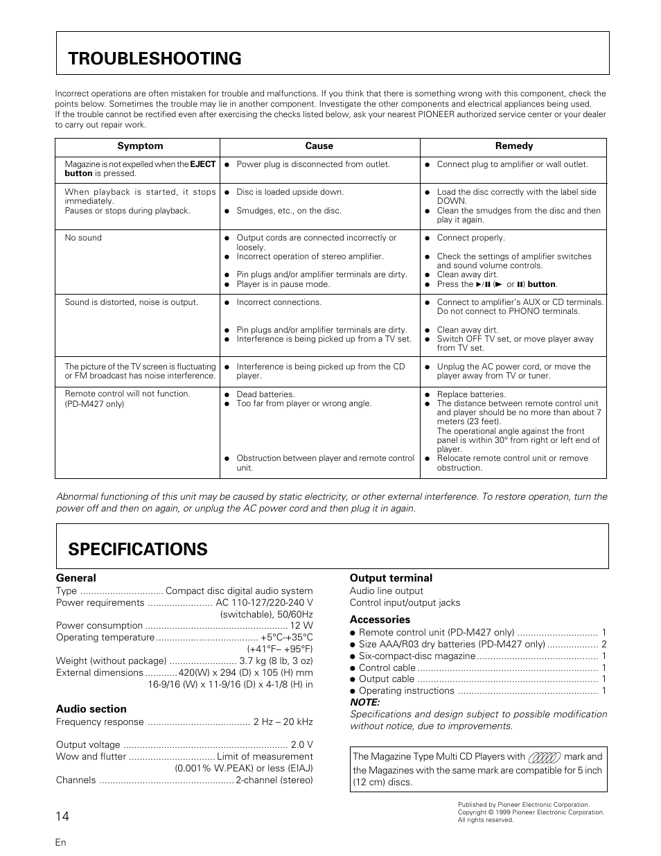 Troubleshooting specifications, Troubleshooting, Specifications | Pioneer PD-M427 User Manual | Page 14 / 40
