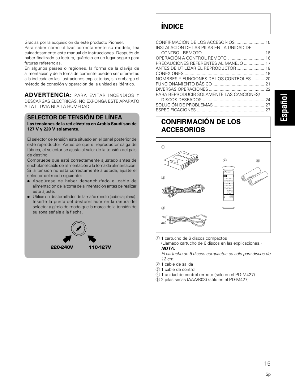 Español, Índice, Confirmación de los accesorios | Advertencia, Selector de tensión de línea | Pioneer PD-M427 User Manual | Page 15 / 40