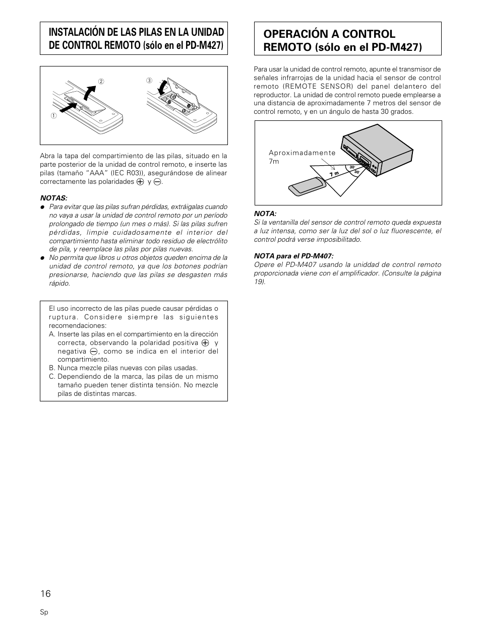 Operación a control remoto (sólo en el pd-m427) | Pioneer PD-M427 User Manual | Page 16 / 40
