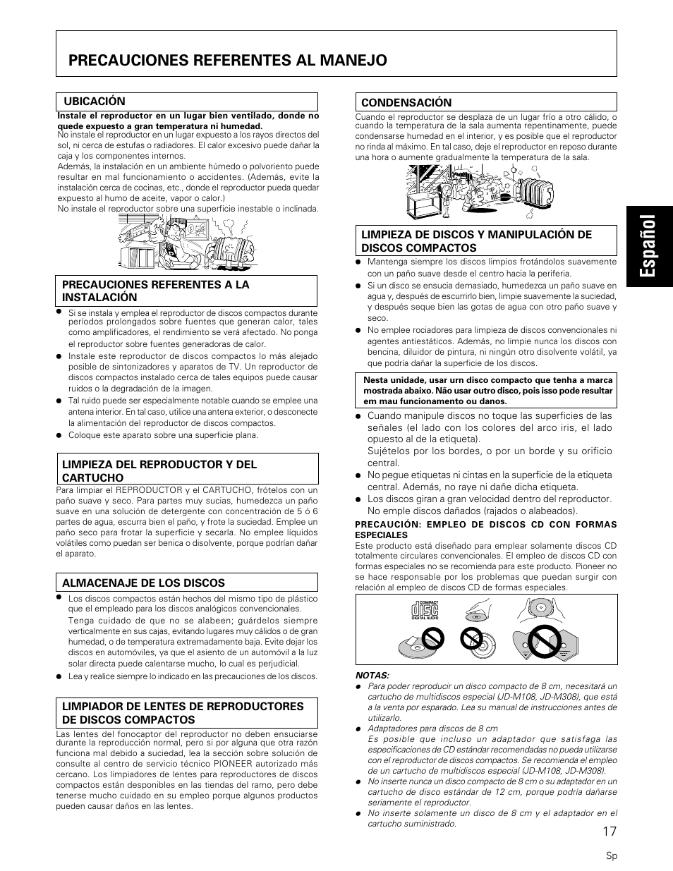 Espa ñ ol, Precauciones referentes al manejo | Pioneer PD-M427 User Manual | Page 17 / 40