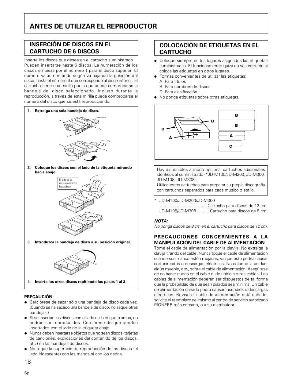 Antes de utilizar el reproductor, Inserción de discos en el cartucho de 6 discos, Colocación de etiquetas en el cartucho | Pioneer PD-M427 User Manual | Page 18 / 40