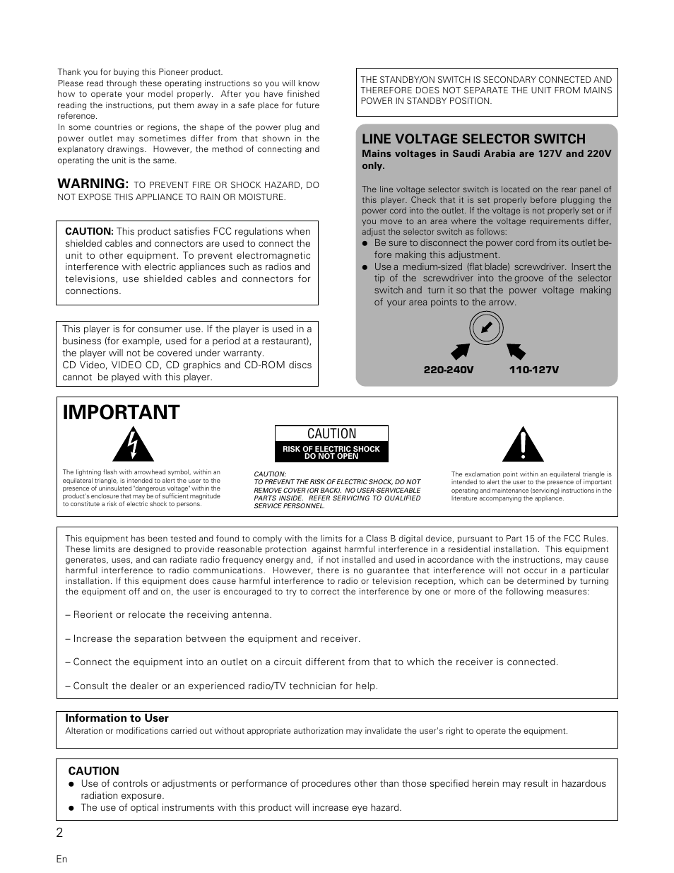 Important, Caution, Warning | Line voltage selector switch | Pioneer PD-M427 User Manual | Page 2 / 40
