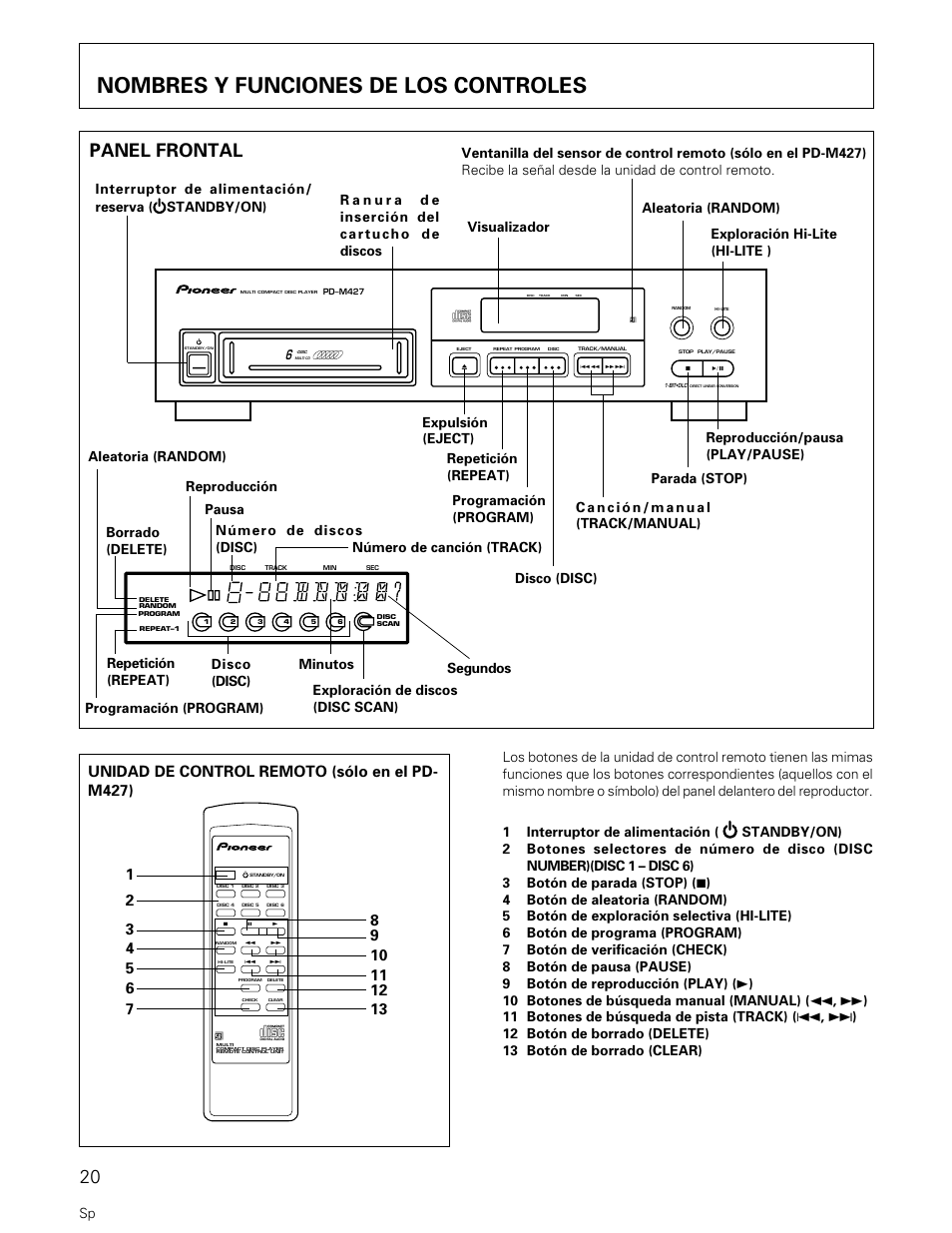 Nombres y funciones de los controles, Panel frontal, Interruptor de alimentación/ reserva ( standby/on) | Aleatoria (random) | Pioneer PD-M427 User Manual | Page 20 / 40