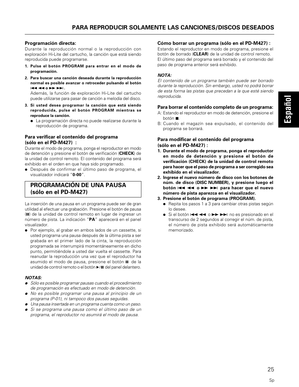 Espa ñ ol | Pioneer PD-M427 User Manual | Page 25 / 40