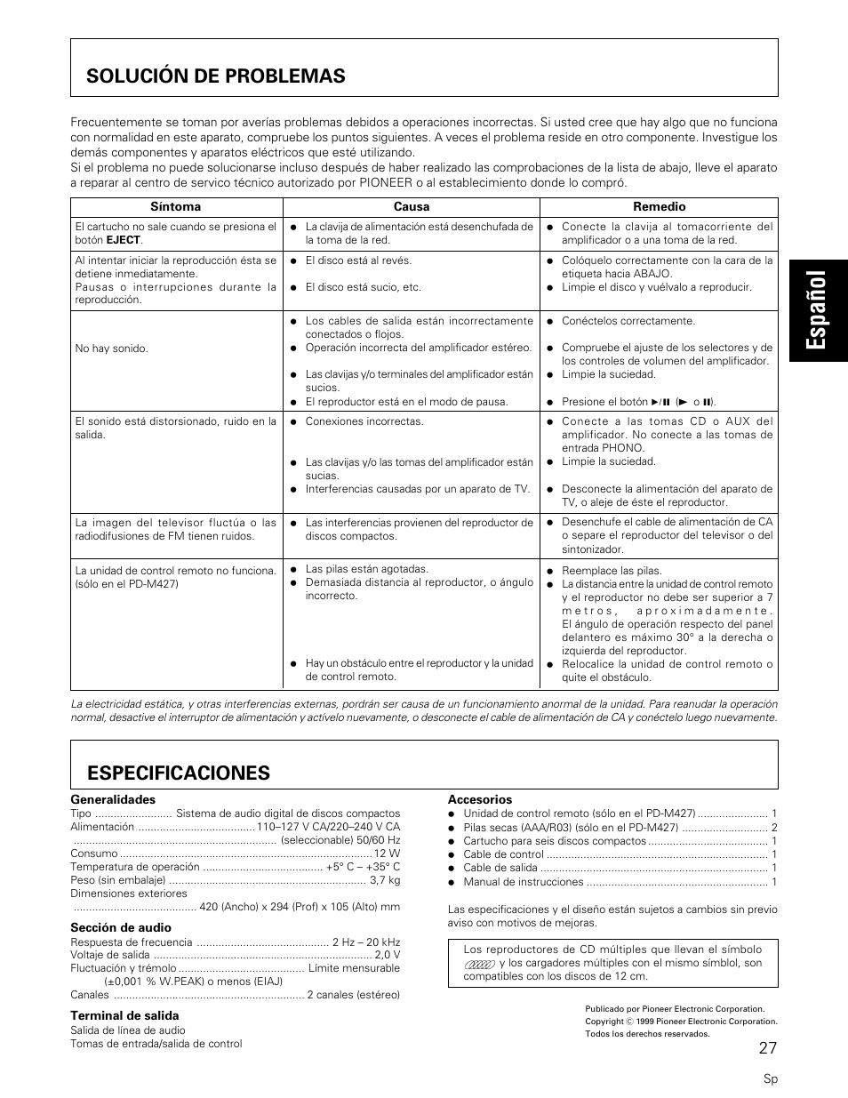 Espa ñ ol, Solución de problemas, Especificaciones | Pioneer PD-M427 User Manual | Page 27 / 40