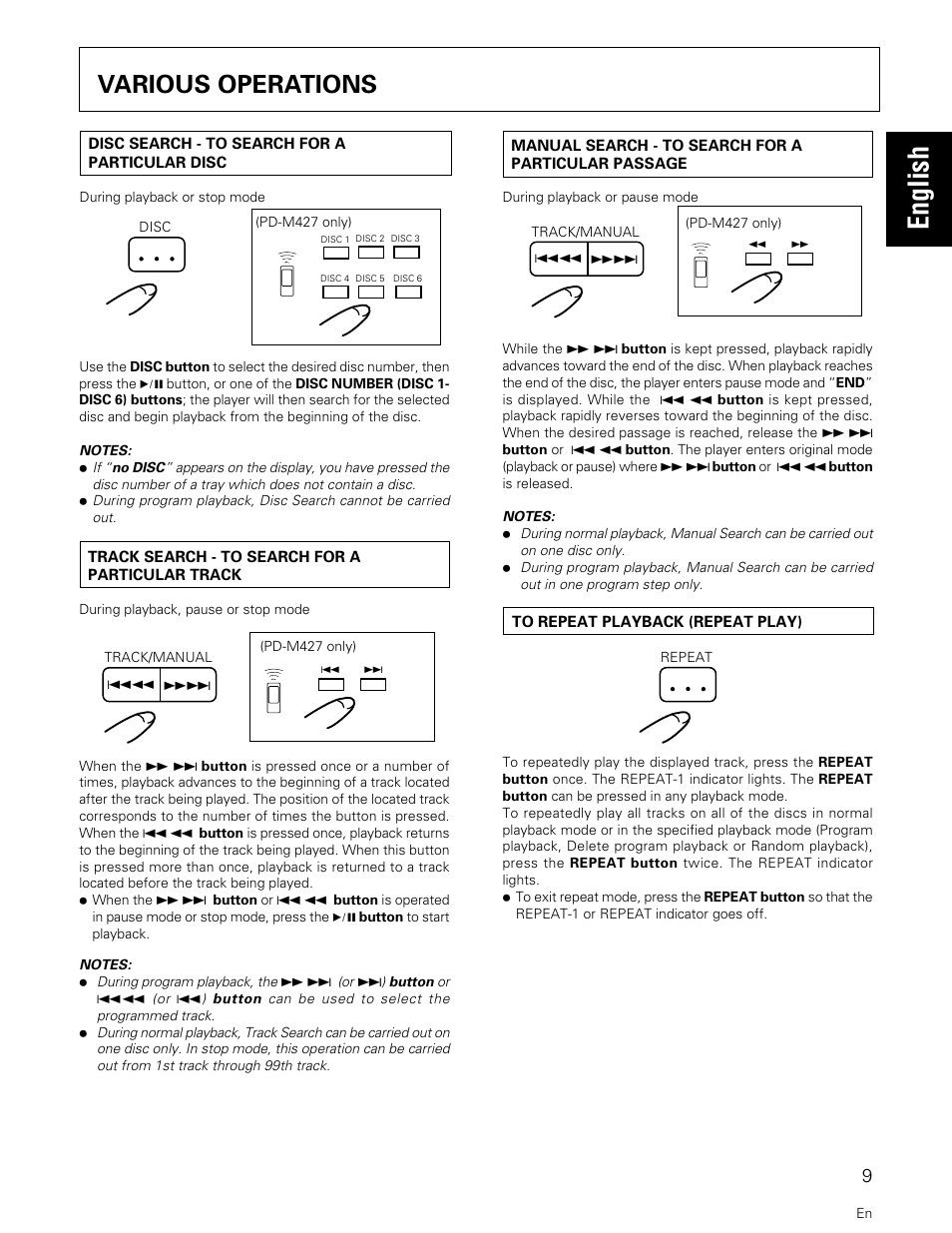 Various operations, English | Pioneer PD-M427 User Manual | Page 9 / 40