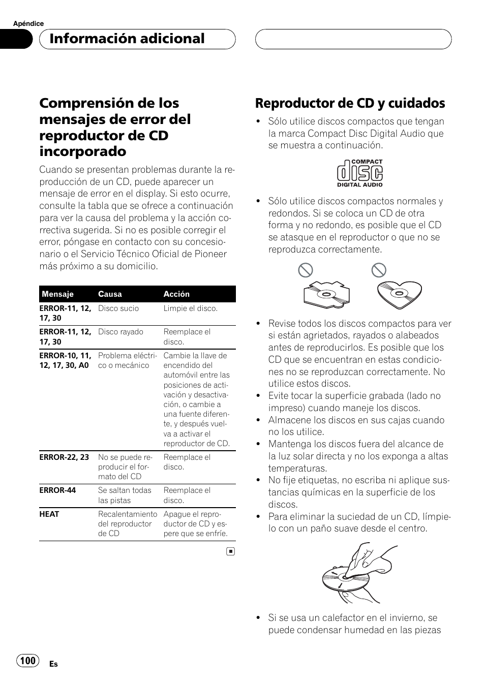 Información adicional, Comprensión de los mensajes de error del, Reproductor de cd incorporado 100 | Reproductor de cd y cuidados 100, Reproductor de cd y cuidados | Pioneer DEH-P2600 User Manual | Page 100 / 103